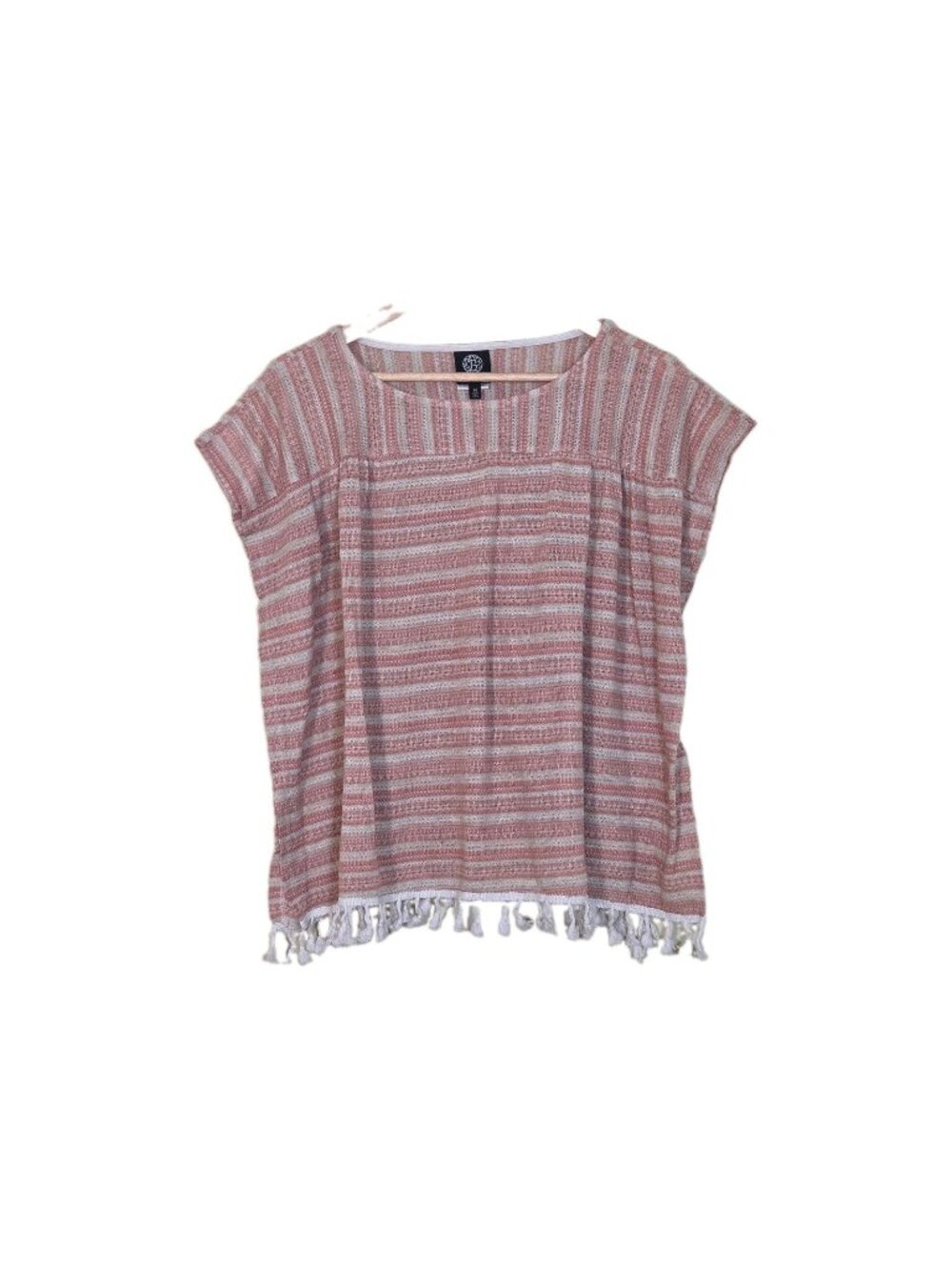 Bobeau Top Womens M Multicolor SS Stripes Boho Fringe Tassel Hem Boxy Hippie USA